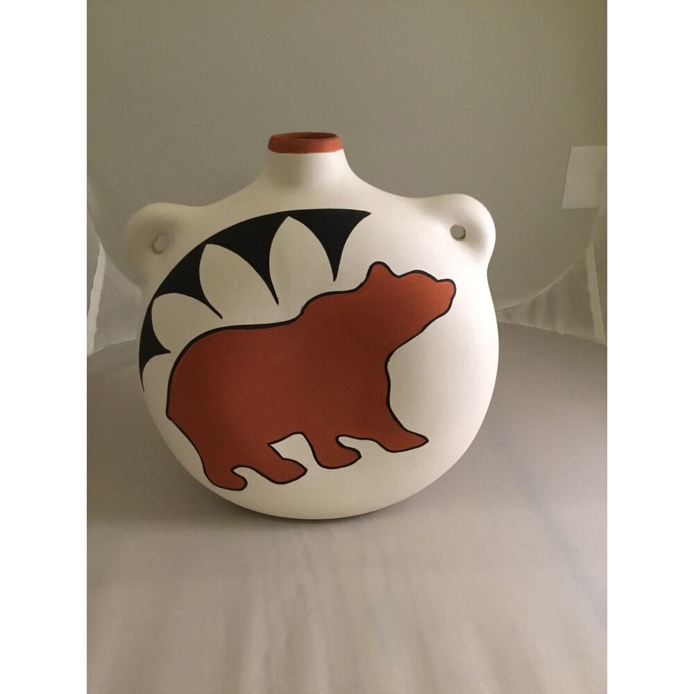 Ruby Lucero/Isleta Pueblo Polychrome Pottery Water Jug w/Bear 7.5”x 7.5”